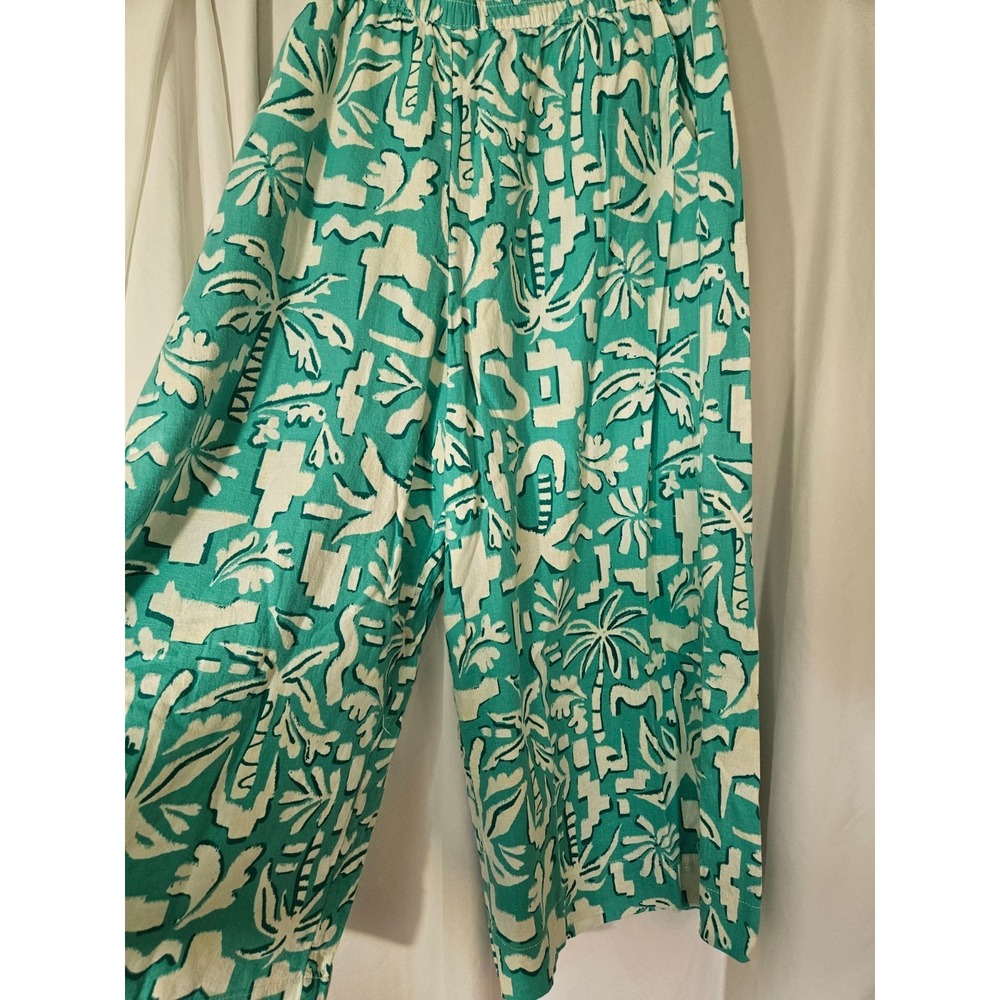 Sonoma Women XL Cropped Easy Pant Teal White Tropical Palm Linen Blend High Rise
